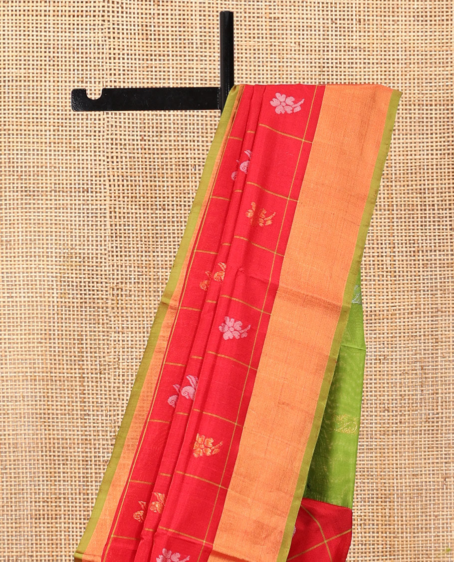 Red Uppada Silk Saree, Gleamed Up with Butta Enclosed Checks, a Contrast Zari Border, Pallu of Zari Designs, and a Contrast Blouse