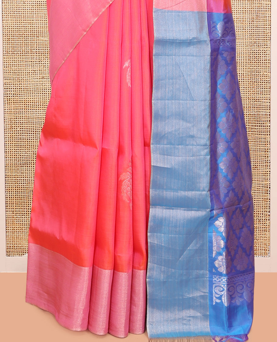 Pink  Semi Uppada Saree, Accentuated with Floral-Themed Buttas, a Bavanji Border, Contrast Jaal Pallu, and a Contrast Blouse