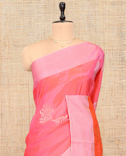 Pink  Semi Uppada Saree, Accentuated with Floral-Themed Buttas, a Bavanji Border, Contrast Jaal Pallu, and a Contrast Blouse