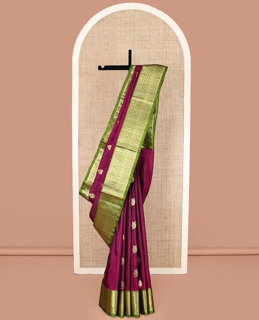 Purple Venkatagiri Silk Saree, Accentuated with Zari Buttas All Over Its Body, Complemented by a Contrast Traditional Zari Design Border, Pallu of Floral Designs, and Paired with a Contrast Blouse