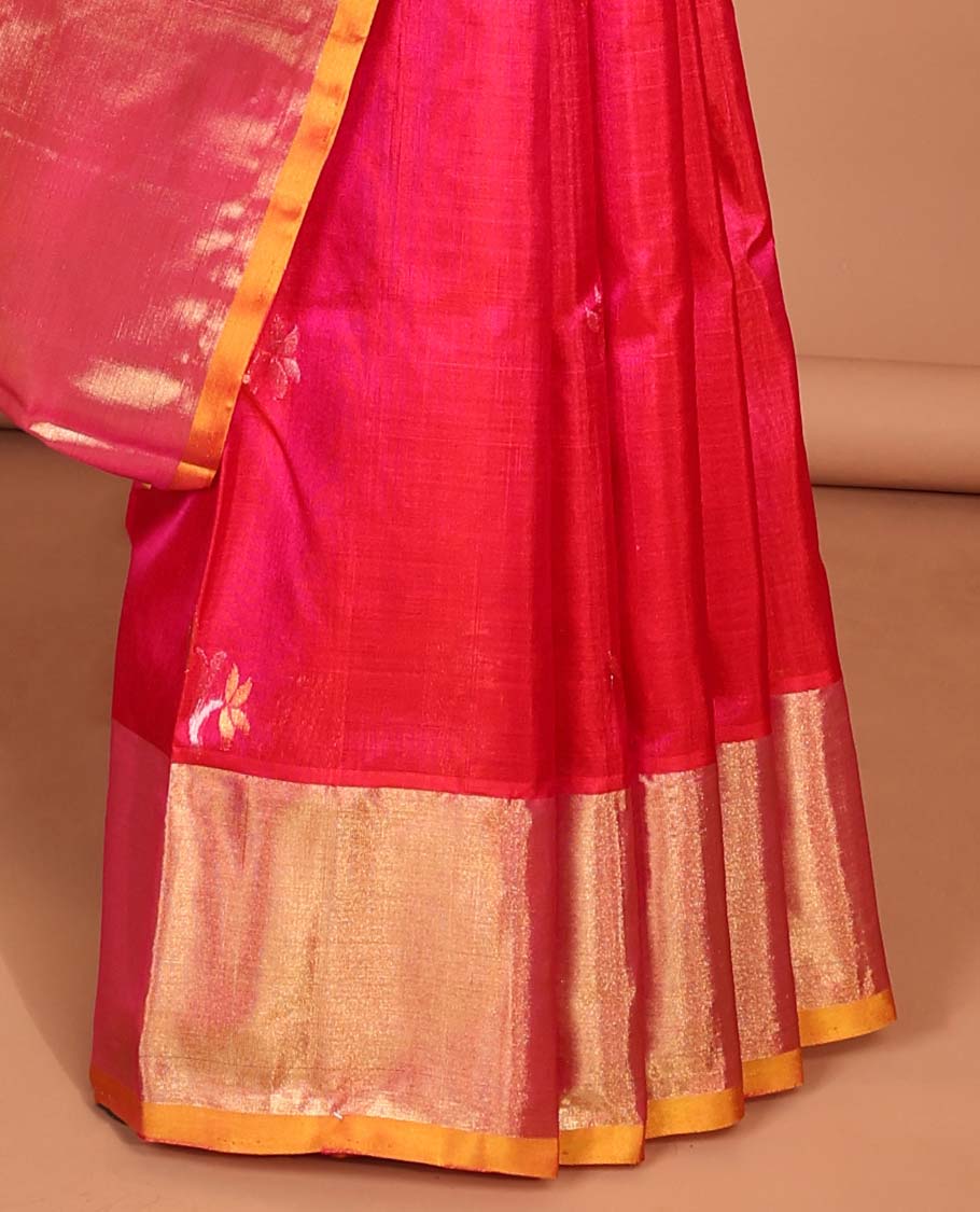 Red floral motifs Vengatagiri silk saree, contrast bavanji border & scintillating pallu of ogee pattern