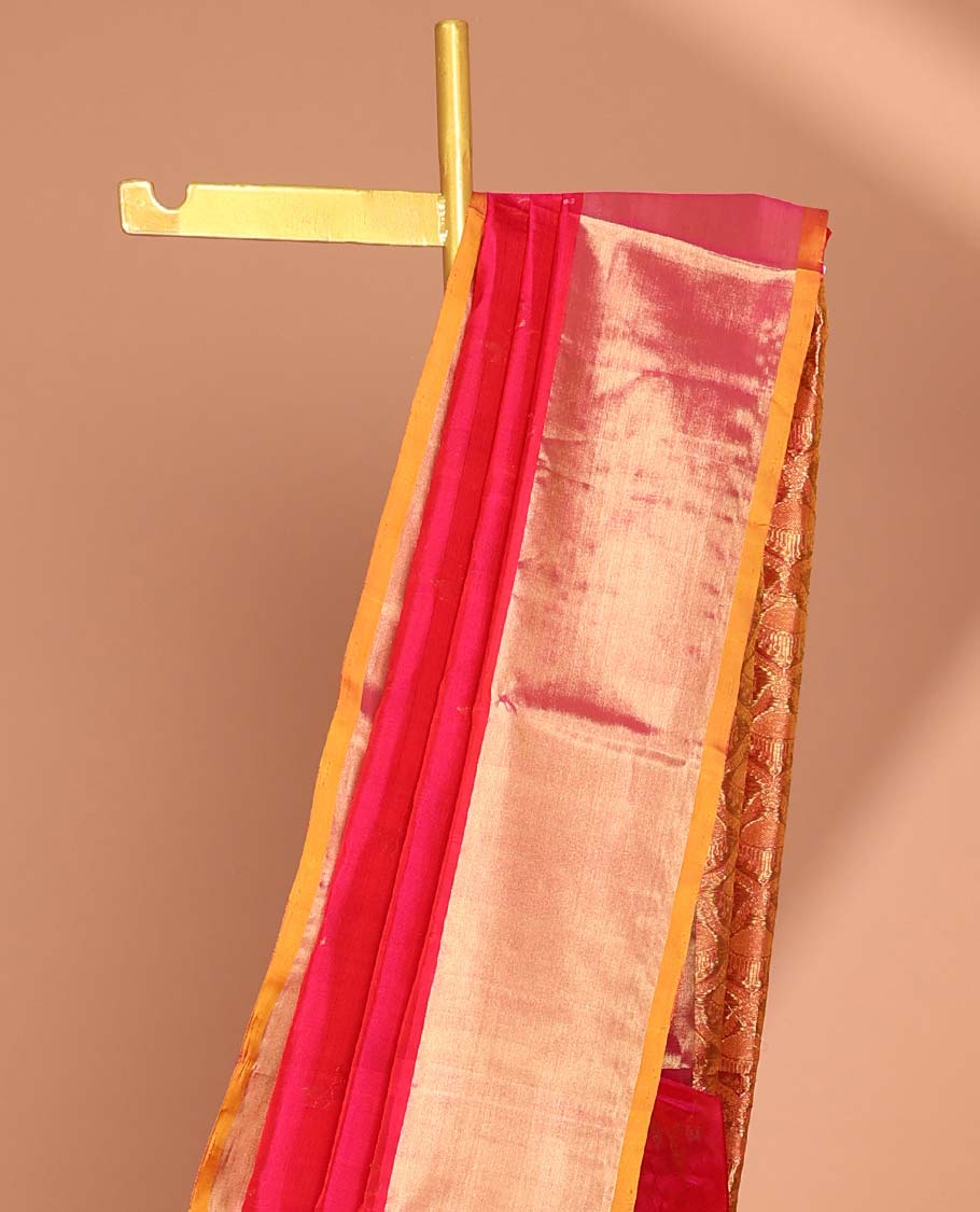 Red floral motifs Vengatagiri silk saree, contrast bavanji border & scintillating pallu of ogee pattern