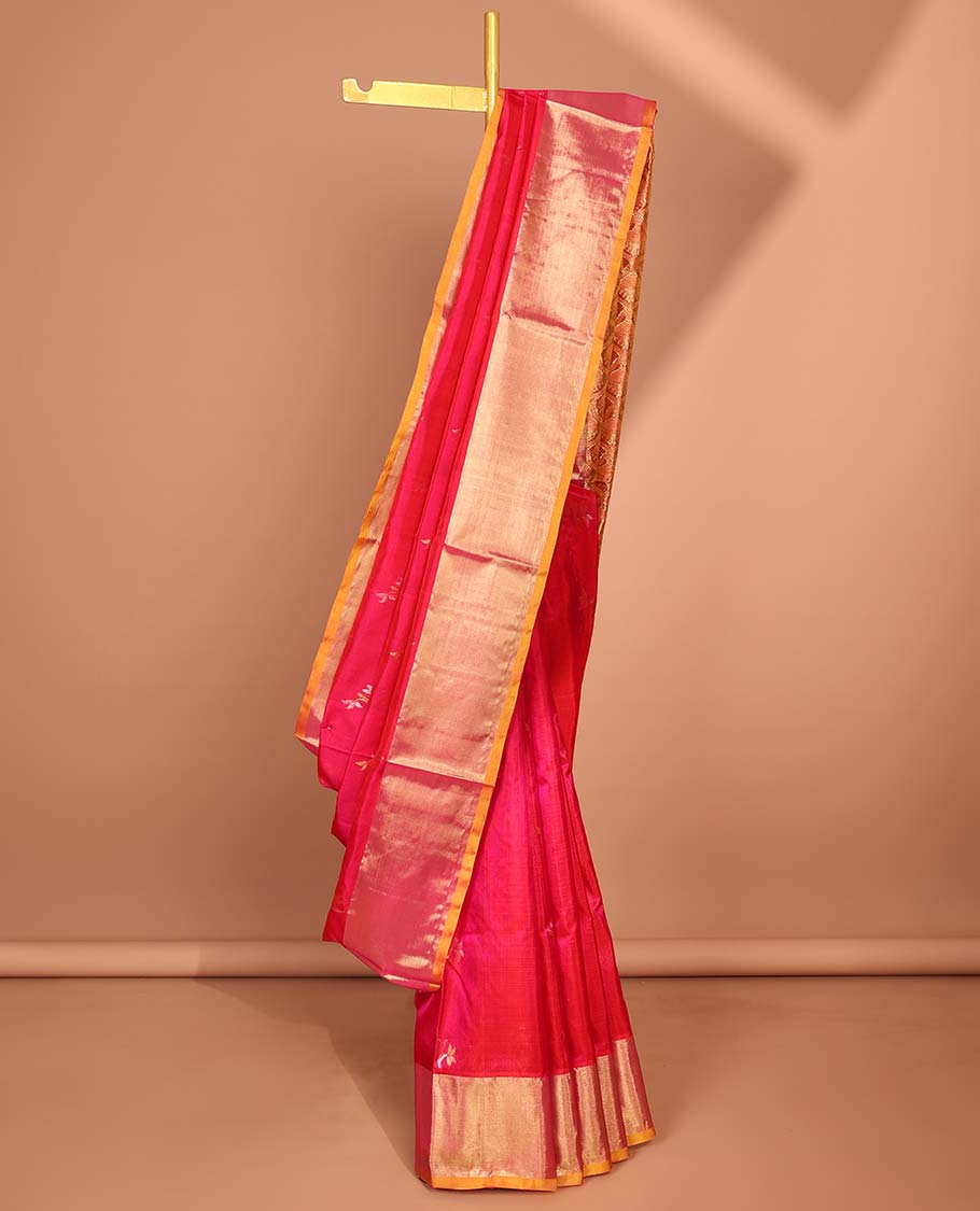 Red floral motifs Vengatagiri silk saree, contrast bavanji border & scintillating pallu of ogee pattern