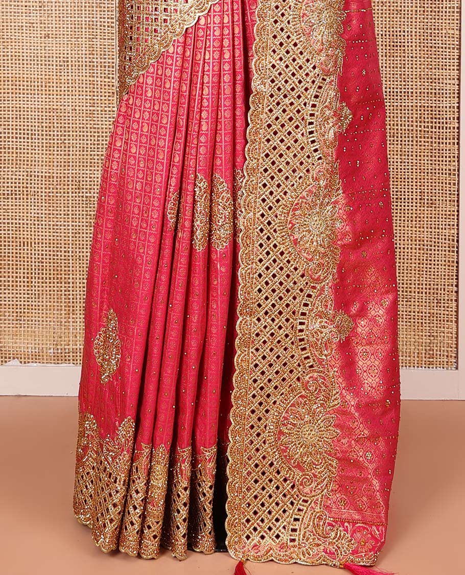 Pink Vastrakala Silk Saree Mesmerized with Jacquard Design and Patch Embroidery All Over Its Body, Highlighted by Traditional Zari Design and Cut Embroidered Scallop Border, Glittering Stone Work Pallu, and Paired with Embroidered Matching Blouse