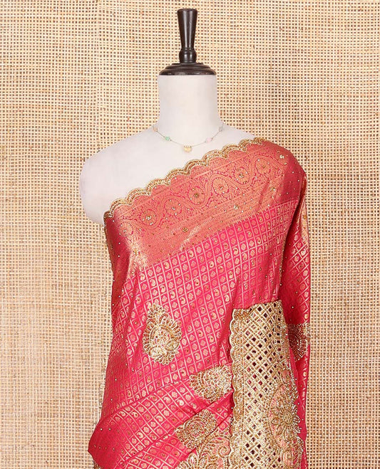Pink Vastrakala Silk Saree Mesmerized with Jacquard Design and Patch Embroidery All Over Its Body, Highlighted by Traditional Zari Design and Cut Embroidered Scallop Border, Glittering Stone Work Pallu, and Paired with Embroidered Matching Blouse