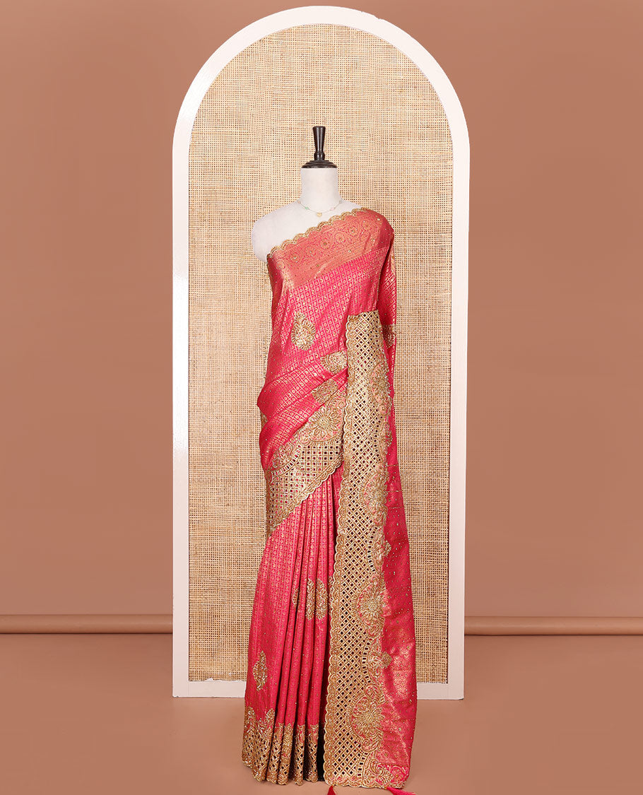 Pink Vastrakala Silk Saree Mesmerized with Jacquard Design and Patch Embroidery All Over Its Body, Highlighted by Traditional Zari Design and Cut Embroidered Scallop Border, Glittering Stone Work Pallu, and Paired with Embroidered Matching Blouse