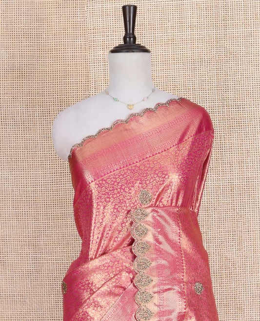 Pink Vastrakala Silk Saree, Enriched with Floral Jacquard and Patch Stone Work, Highlighted by Traditional Zari and Stone Scallop Border, Grand Scallop Design Stone Work Pallu, and Paired with Heavy Embroidered Blouse