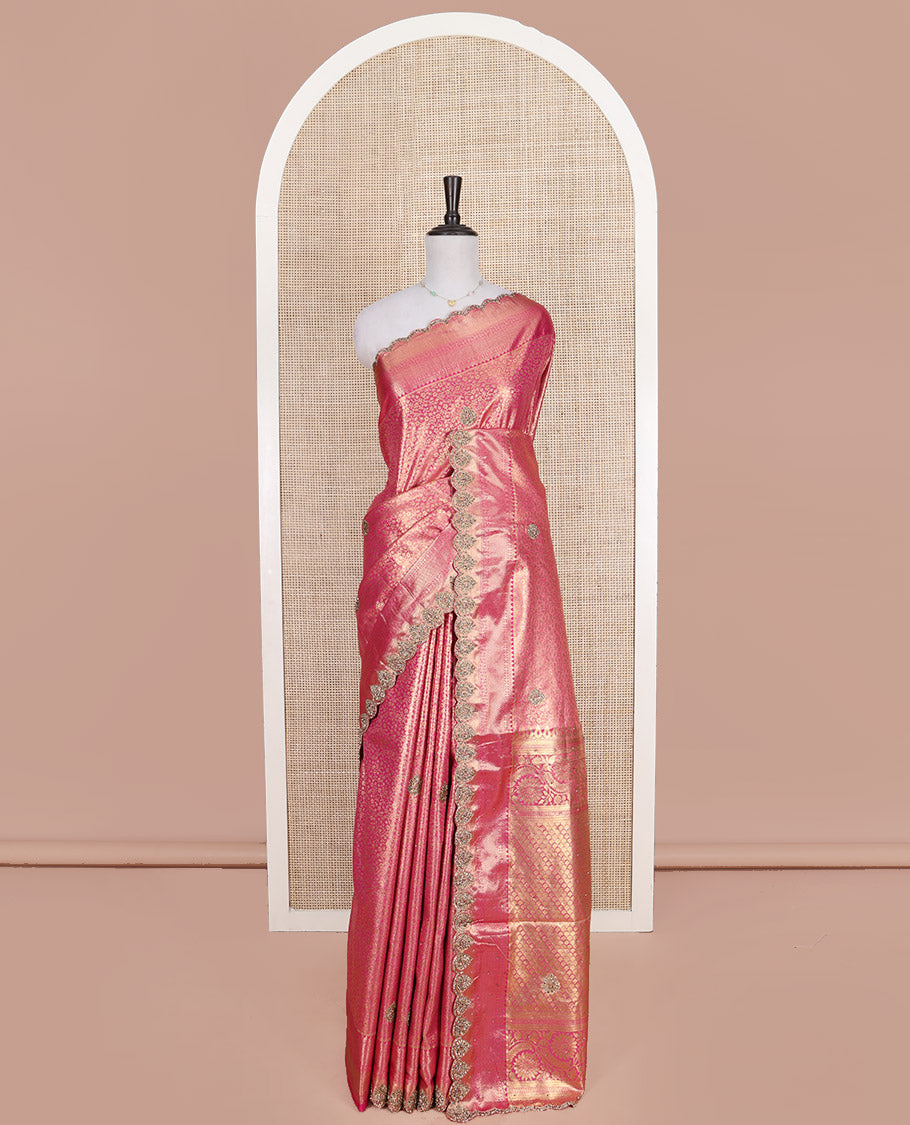 Pink Vastrakala Silk Saree, Enriched with Floral Jacquard and Patch Stone Work, Highlighted by Traditional Zari and Stone Scallop Border, Grand Scallop Design Stone Work Pallu, and Paired with Heavy Embroidered Blouse