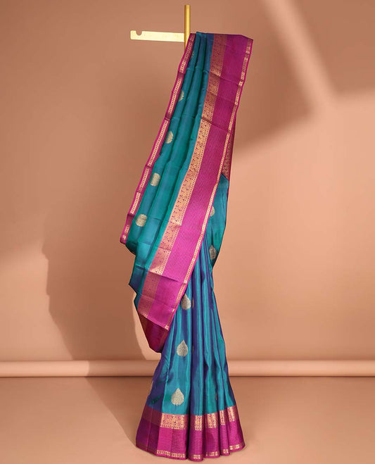 Blue leaf buttas vasundhara elite silk saree with contrast striped, buttas zari design border & leaf zari design pallu