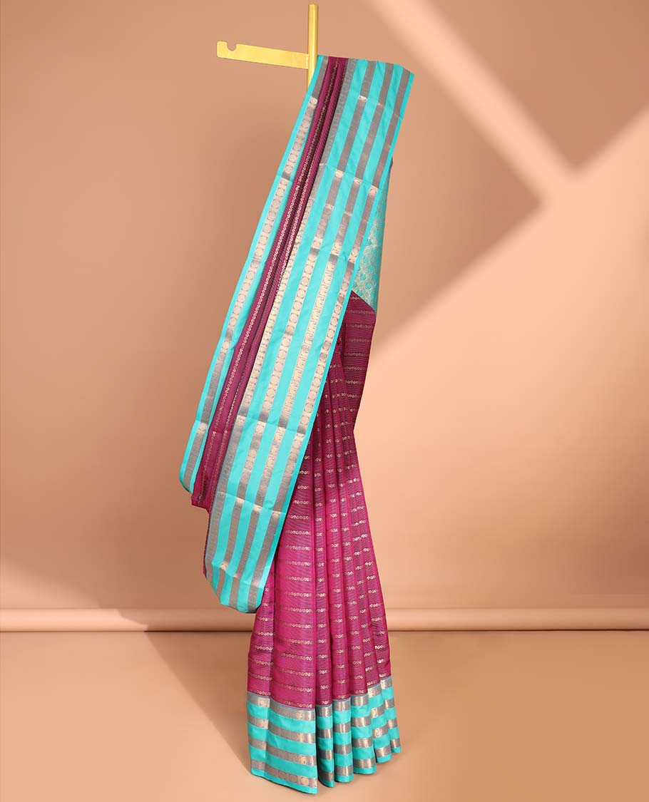 Red striped zari design vasundhara silk mix saree with contrast zari design border & floral jaal design pallu