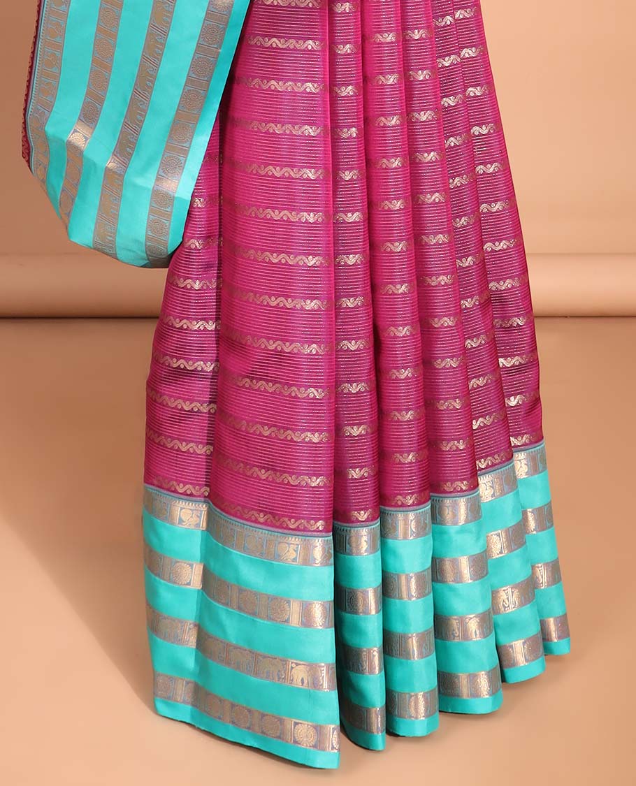 Red striped zari design vasundhara silk mix saree with contrast zari design border & floral jaal design pallu