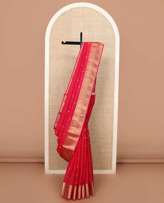 Pink zari buttas Vasundhara silk mix saree, zari border of thilakam mokku, banaras, then kuli kann, vanki, and ara maadam designs, and jaal pallu