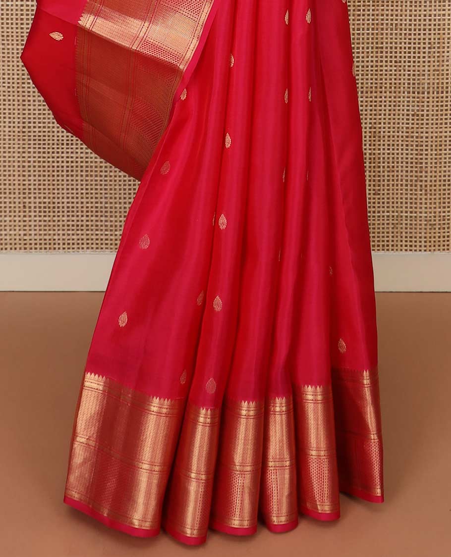 Pink zari buttas Vasundhara silk mix saree, zari border of thilakam mokku, banaras, then kuli kann, vanki, and ara maadam designs, and jaal pallu