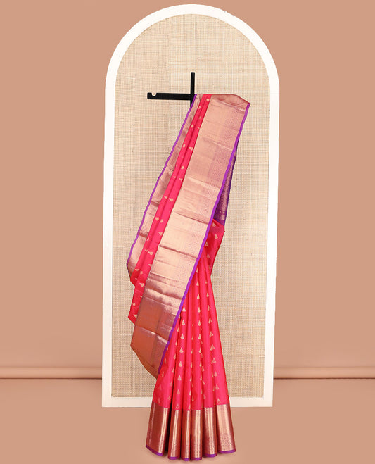 Pink Vasundhara Lite Silk Mix Saree, Accentuated with Zari Buttas All Over Its Body, Complemented by a Contrast Border of Rekku, Kathir, Mayil Kann, and Dhavana Kodi Designs, Gracefully Decorated Pallu of Jaal Designs, and Paired with a Contrast Blouse