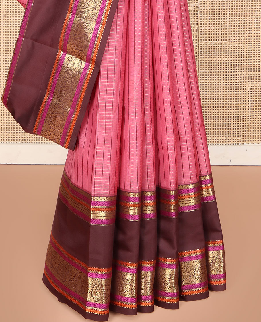 Pink Vasundhara Lite Silk Mix Saree, Decked Up with a Checked Design on Its Body, Complemented by a Contrast Rettai Pettu Border of Salngai, Poo Chakram, Muthu, Kathir, and Manga Designs, Pallu Steeped with Leaf Motifs, and Paired with a Contrast Blouse
