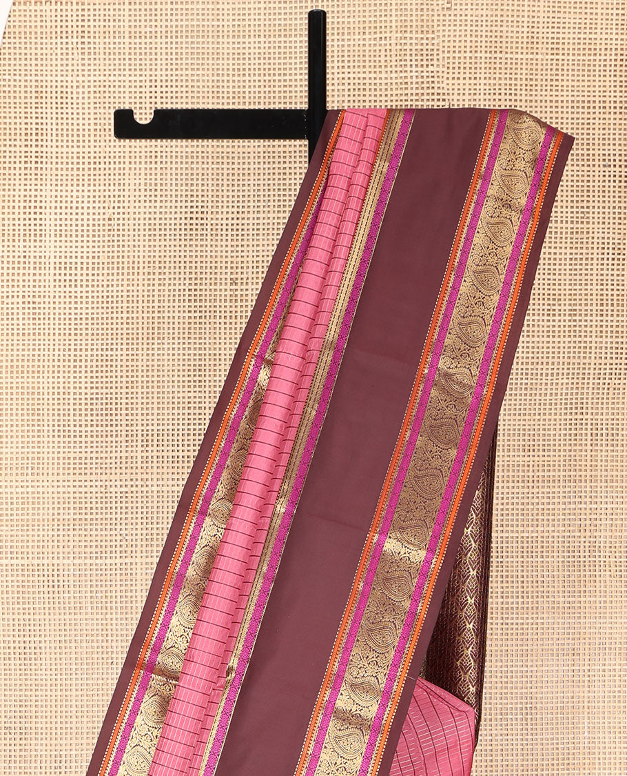 Pink Vasundhara Lite Silk Mix Saree, Decked Up with a Checked Design on Its Body, Complemented by a Contrast Rettai Pettu Border of Salngai, Poo Chakram, Muthu, Kathir, and Manga Designs, Pallu Steeped with Leaf Motifs, and Paired with a Contrast Blouse