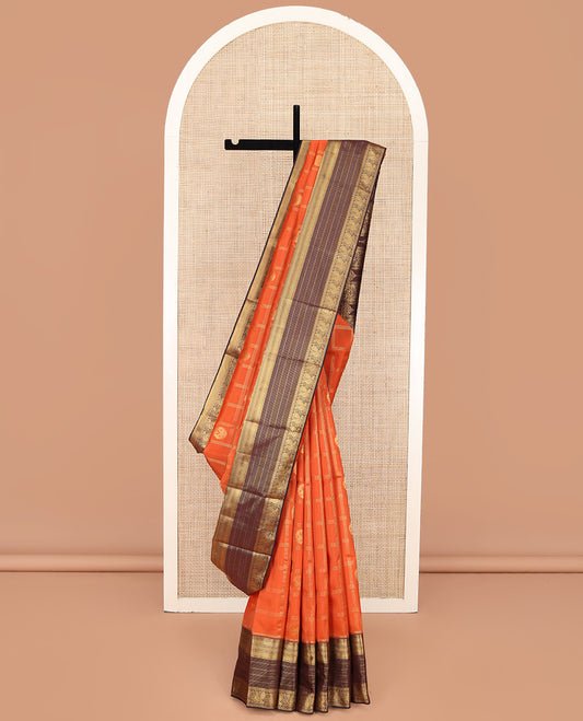 Orange Vasundhara Lite Silk Mix Saree, Adorned with Zari Butta Enclosed in Checks on Its Body, Complemented by a Contrast Border of Traditional Designs, a Grand Intricately Checked Pallu, and Paired with a Contrast Blouse