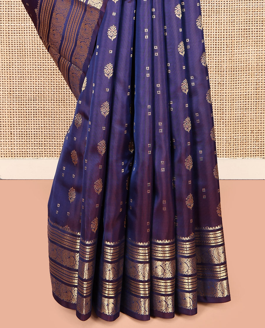 Blue Vasundhara Lite Silk Mix Saree, Adorned with Zari Buttas, Zari Border of Kathir, Muthu, and Mayil Designs, Scallop Pallu, and Matching Blouse
