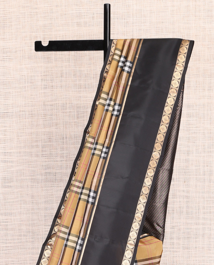 Brown Burberry-Checked Vasundhara Lite Silk Mix Saree, a Contrast Traditional Border, and a Contrast Blouse
