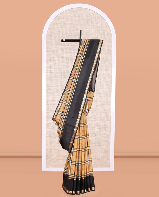 Brown Burberry-Checked Vasundhara Lite Silk Mix Saree, a Contrast Traditional Border, and a Contrast Blouse