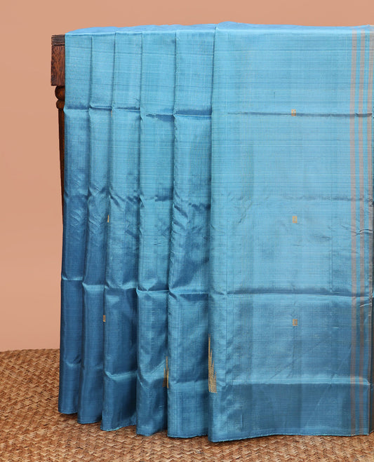 Borderless Blue Banana Pith Saree, Adorned with Temple Buttas All Over Its Body, Complemented by a Contrast Pallu of Stripes and Temple Buttas, and Paired with a Contrast Blouse