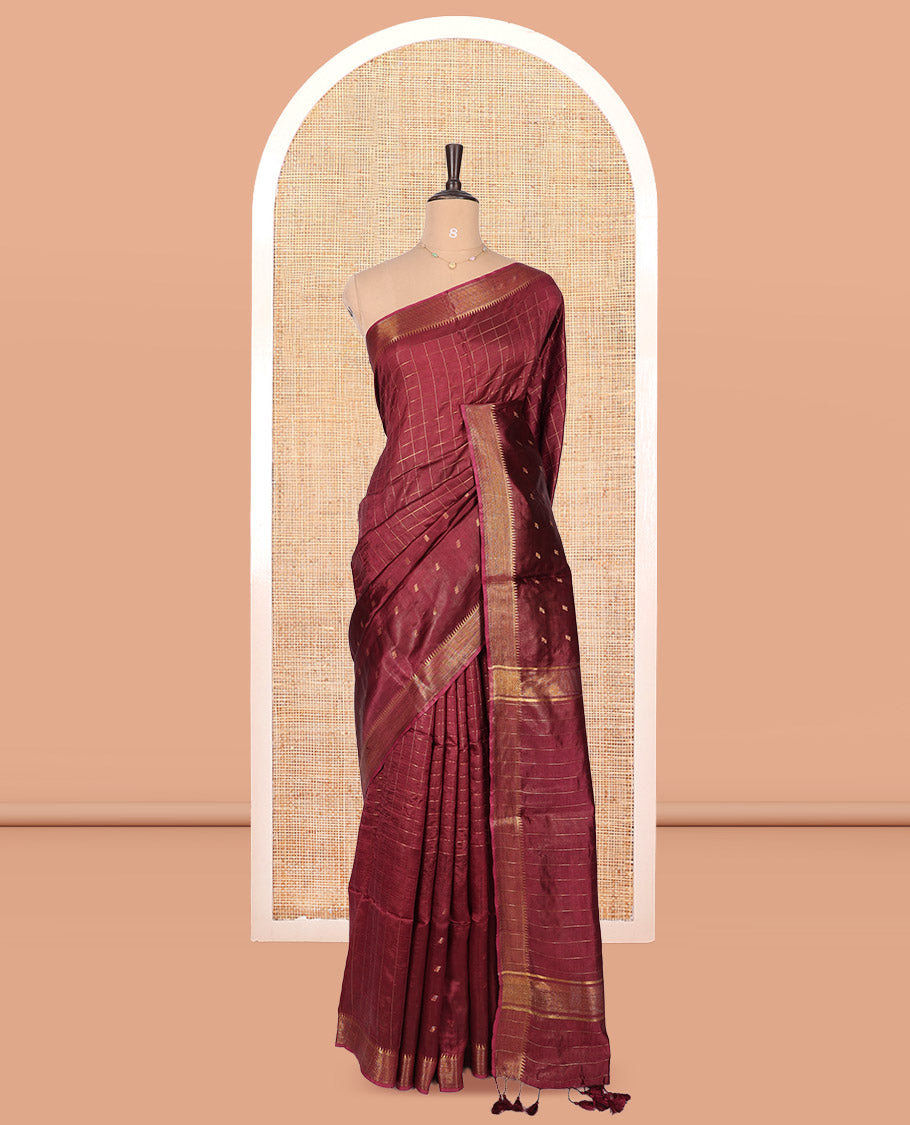 Maroon Banana Pith Saree, Gleamed Up with Checks and Buttas, a Zari Temple Border, Striped Pallu, and Matching Blouse