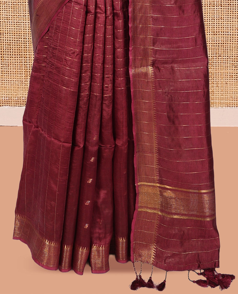 Maroon Banana Pith Saree, Gleamed Up with Checks and Buttas, a Zari Temple Border, Striped Pallu, and Matching Blouse