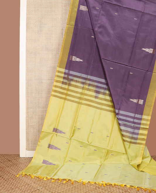 Purple buttas, and temple buttas Banana pith saree, contrast plain border, and contrast temple and paisley design pallu