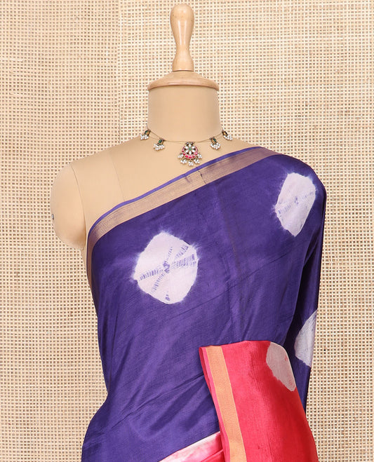 Multi-Color Banana Pith Saree Bedecked with Shibori Motifs Print, Subtly Woven Zari Bavanji Border, Pallu Featuring Shibori Print, and Paired with a Matching Shibori Printed Blouse