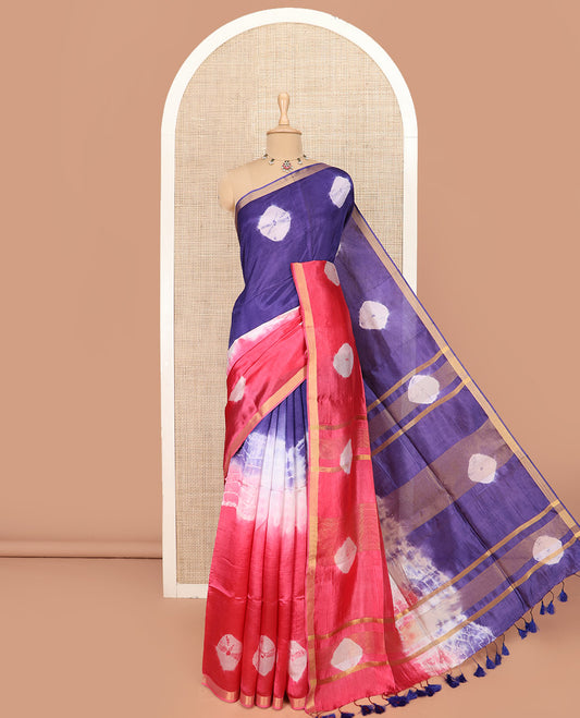 Multi-Color Banana Pith Saree Bedecked with Shibori Motifs Print, Subtly Woven Zari Bavanji Border, Pallu Featuring Shibori Print, and Paired with a Matching Shibori Printed Blouse