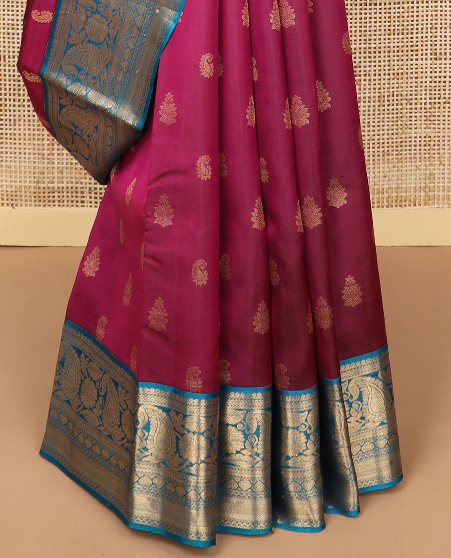 Purple leaf buttas silk saree with contrast zari design border & floral jaal design pallu