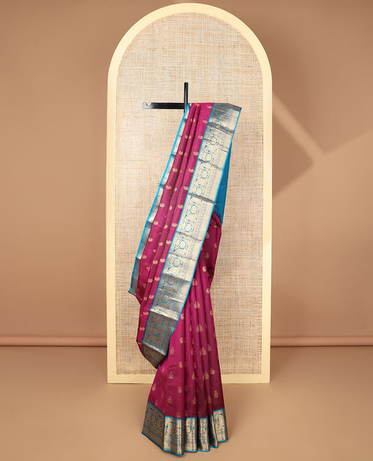 Purple leaf buttas silk saree with contrast zari design border & floral jaal design pallu