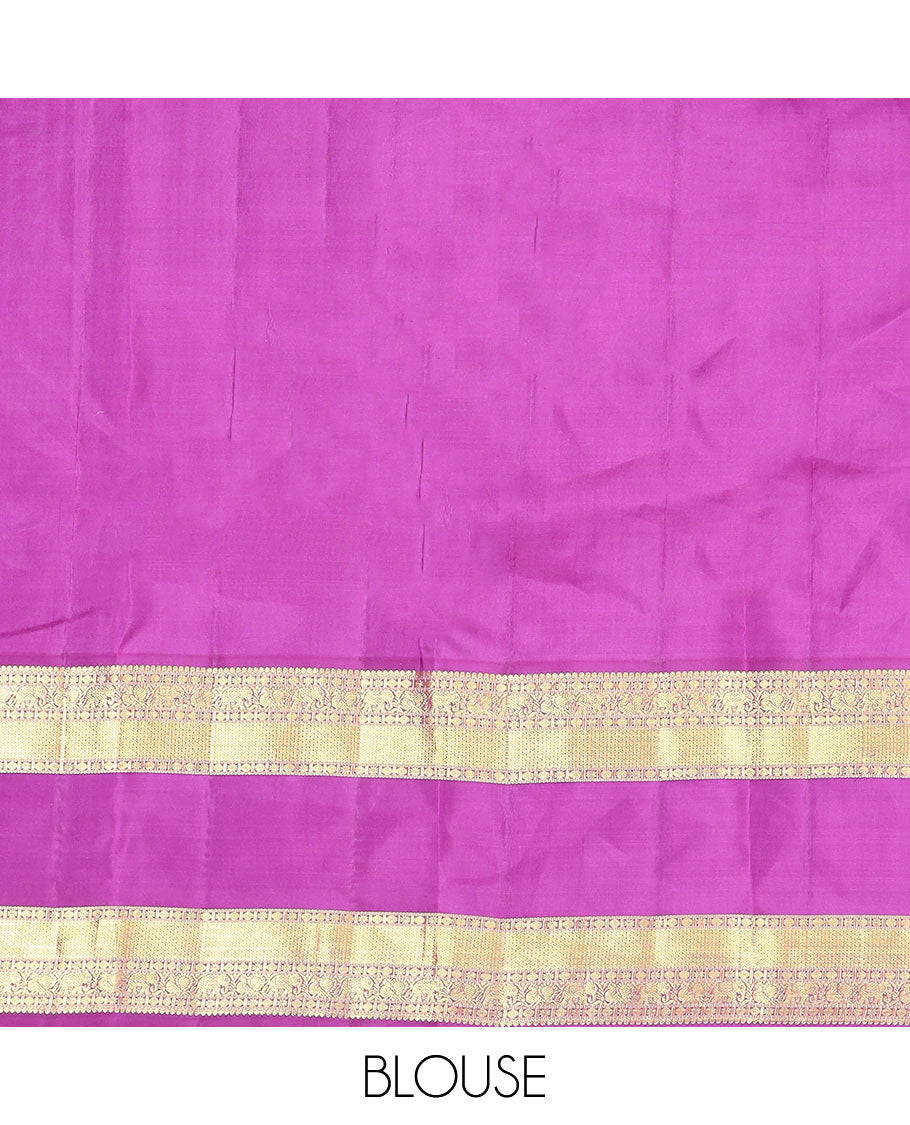 Pink Vasundhara Silk Saree Accentuated with Zari Stripes, Complemented by a Contrast Border of Salangai, Rudraksham, Star, Kodi Mayil, Yaanai, and Mayil Kann Designs, Pallu Decked Up with Traditional Designs, and Paired with a Contrast Blouse