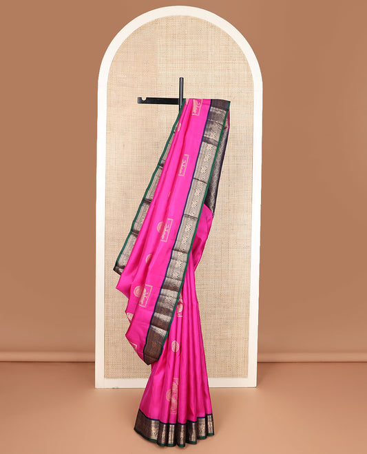 Pink zari buttas silk saree, contrast border of thilakam mokku,muthu,kathir & kodi yaanai design & jaal pallu