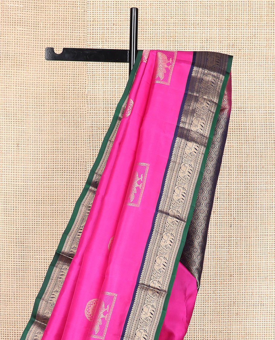 Pink zari buttas silk saree, contrast border of thilakam mokku,muthu,kathir & kodi yaanai design & jaal pallu