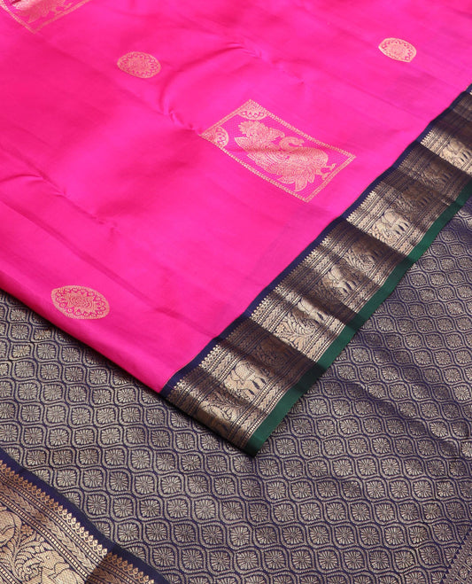 Pink zari buttas silk saree, contrast border of thilakam mokku,muthu,kathir & kodi yaanai design & jaal pallu