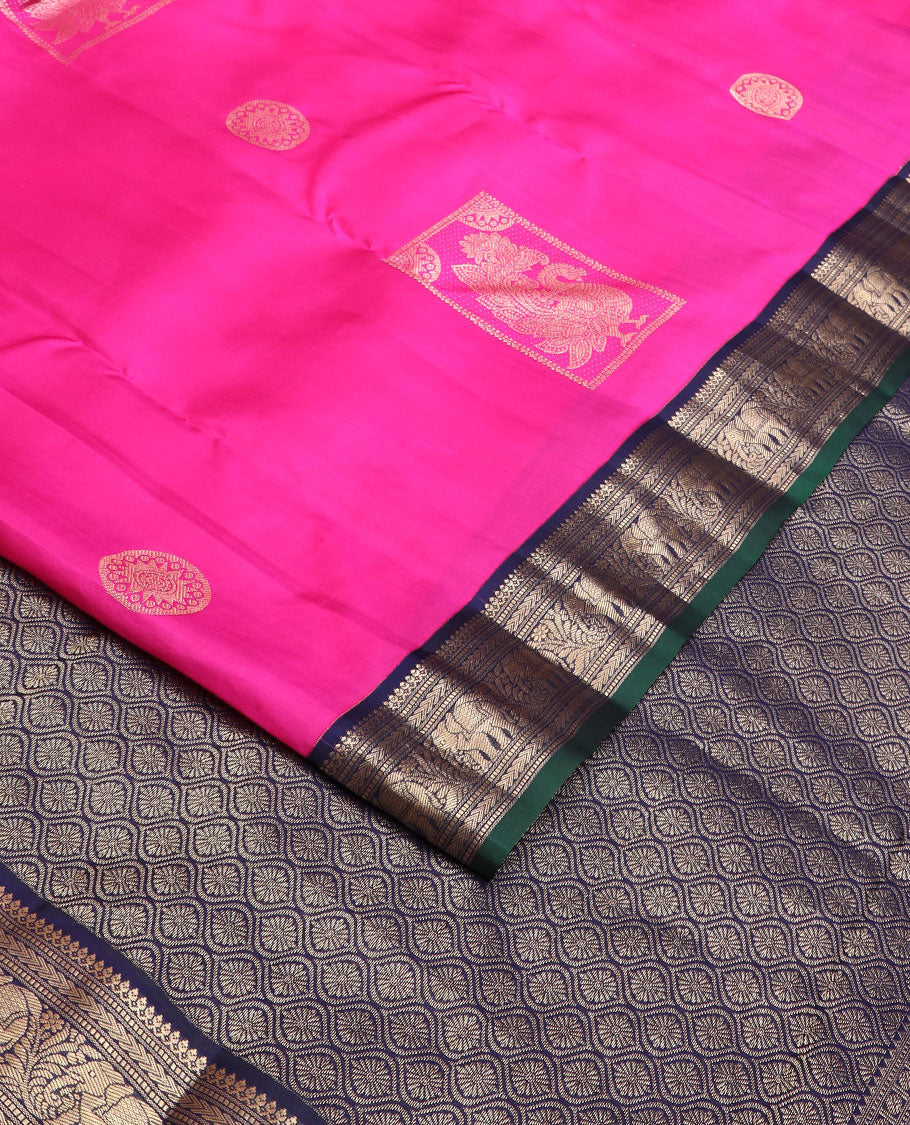 Pink zari buttas silk saree, contrast border of thilakam mokku,muthu,kathir & kodi yaanai design & jaal pallu