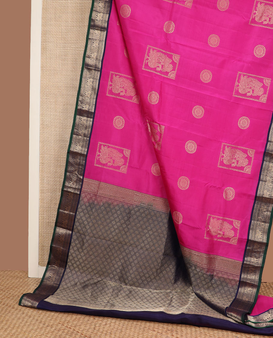 Pink zari buttas silk saree, contrast border of thilakam mokku,muthu,kathir & kodi yaanai design & jaal pallu