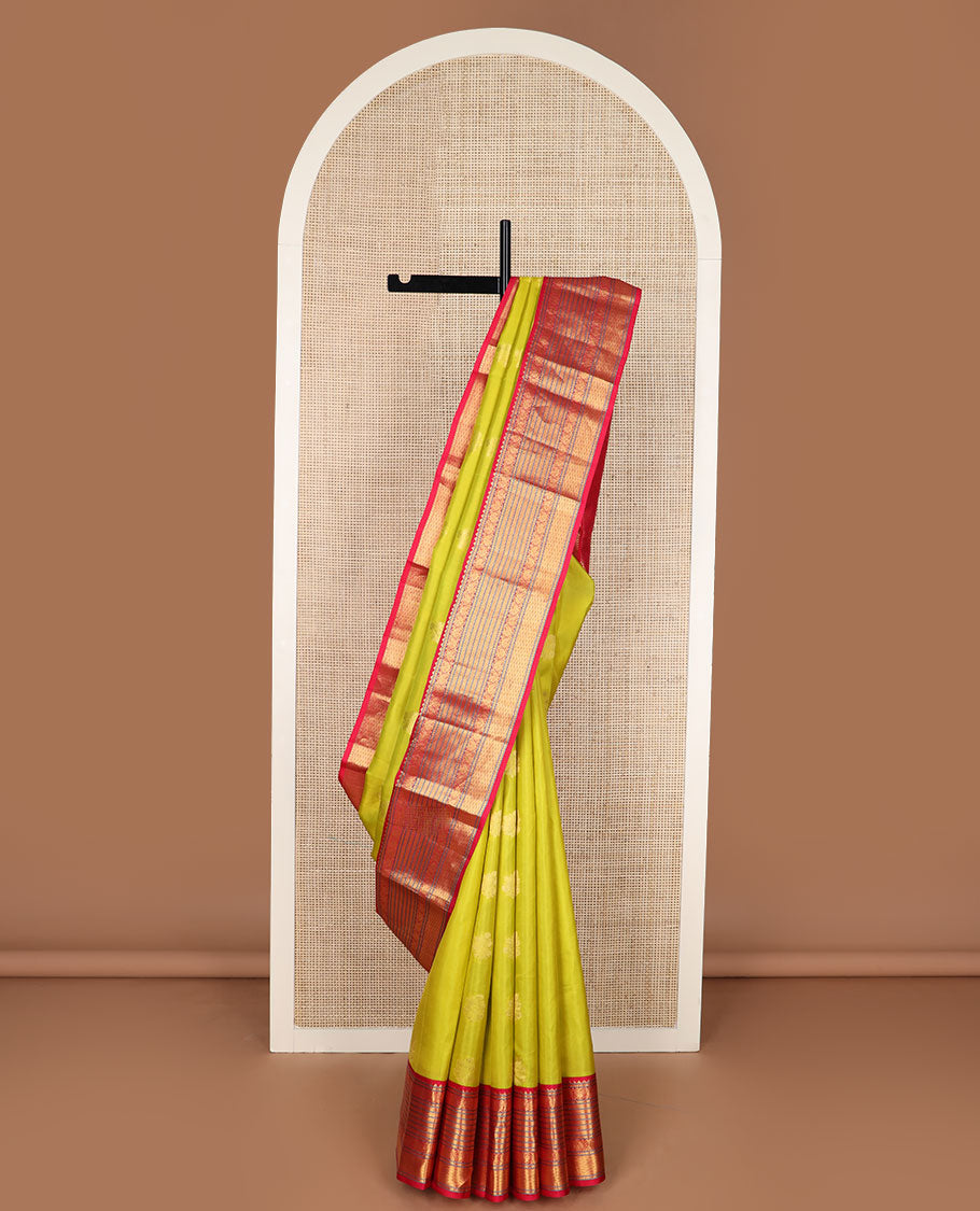 Green zari buttas silk saree, contrast border of rekku,neli,dhavana kodi,kathir & paiyaadi kann & scallop design pallu