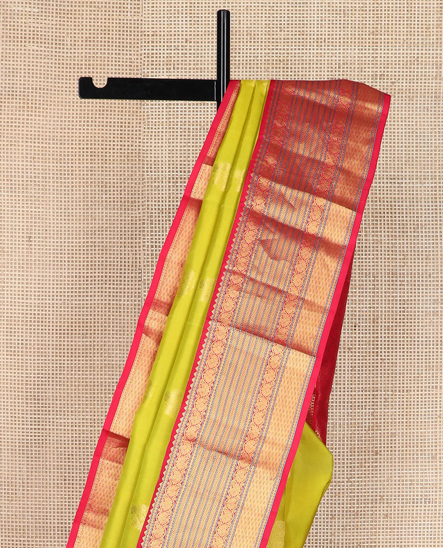 Green zari buttas silk saree, contrast border of rekku,neli,dhavana kodi,kathir & paiyaadi kann & scallop design pallu