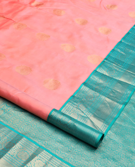 Pink zari buttas silk saree, contrast border of thilakam mokku, muthu, lavangam, kodi visiry, and kuyil kann designs, and chakram motifs steeped pallu