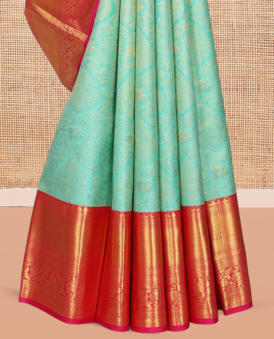 Turquoise Kanchipuram Wedding Silk Saree, Enriched with Jacquard Design, Contrast Border of Thilakam Mokku, Kathir, Mayil Kann, and Kodi Visiry, Jaal Pallu, and a Contrast Blouse