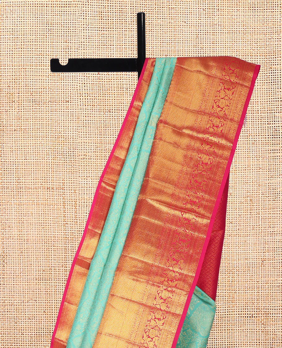 Turquoise Kanchipuram Wedding Silk Saree, Enriched with Jacquard Design, Contrast Border of Thilakam Mokku, Kathir, Mayil Kann, and Kodi Visiry, Jaal Pallu, and a Contrast Blouse