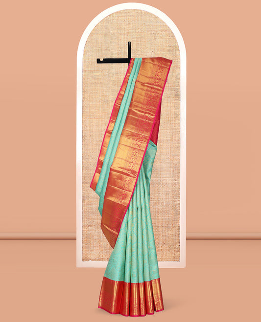 Turquoise Kanchipuram Wedding Silk Saree, Enriched with Jacquard Design, Contrast Border of Thilakam Mokku, Kathir, Mayil Kann, and Kodi Visiry, Jaal Pallu, and a Contrast Blouse