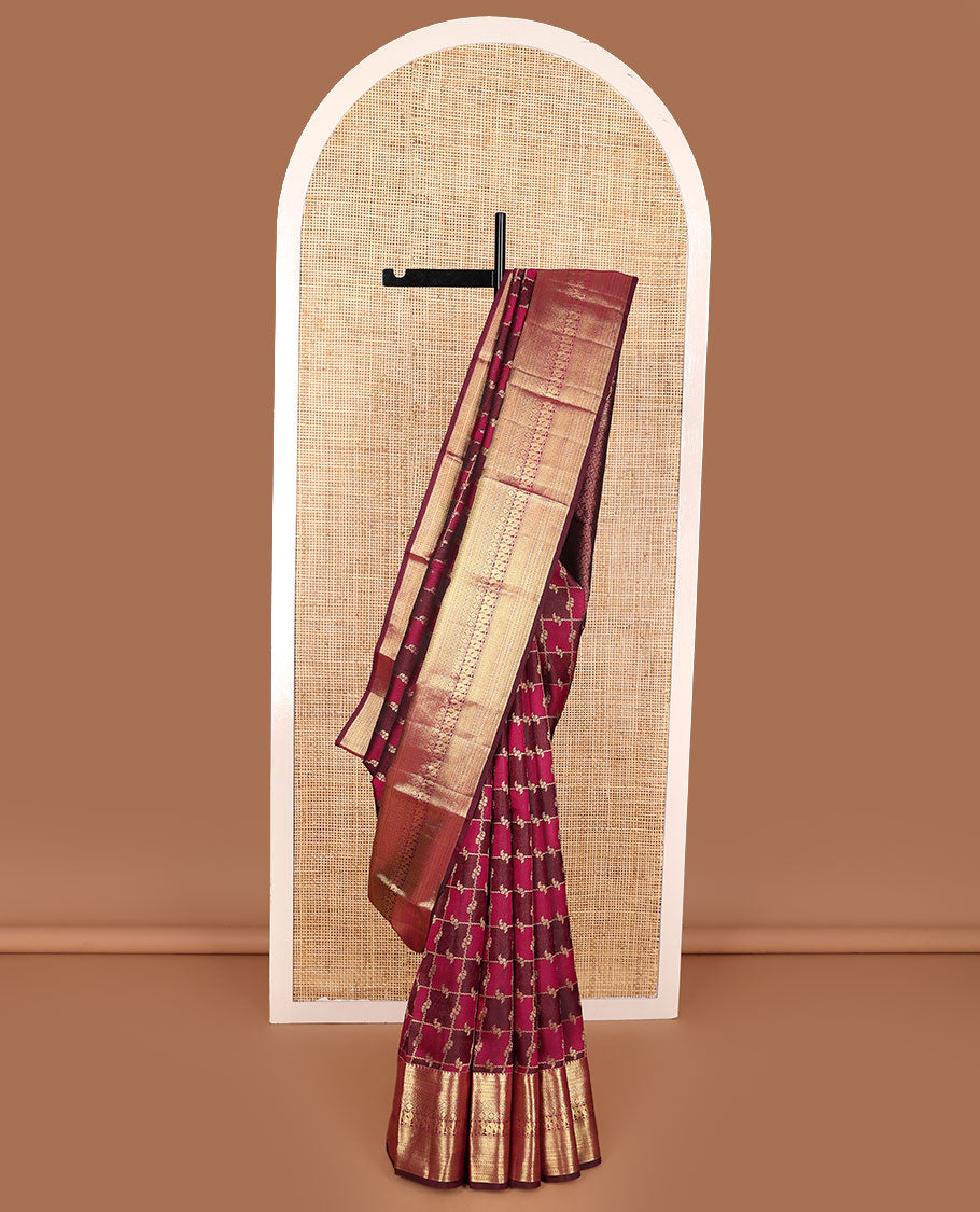 Red rangkat jacquard Kanchipuram wedding silk saree, zari border of manga, rettai neli, kuyil kann, laddu kamalam, mayil, diamond, and cross neli, and kamalam steeped pallu