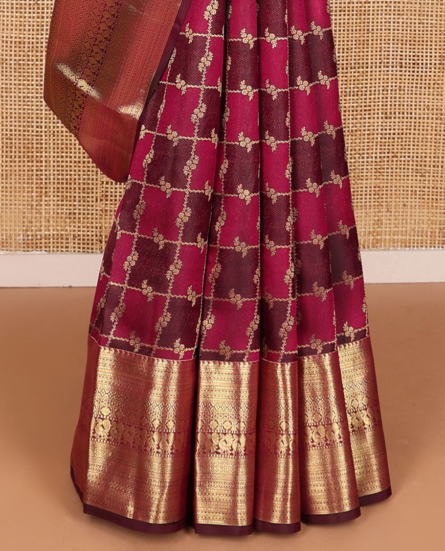 Red rangkat jacquard Kanchipuram wedding silk saree, zari border of manga, rettai neli, kuyil kann, laddu kamalam, mayil, diamond, and cross neli, and kamalam steeped pallu