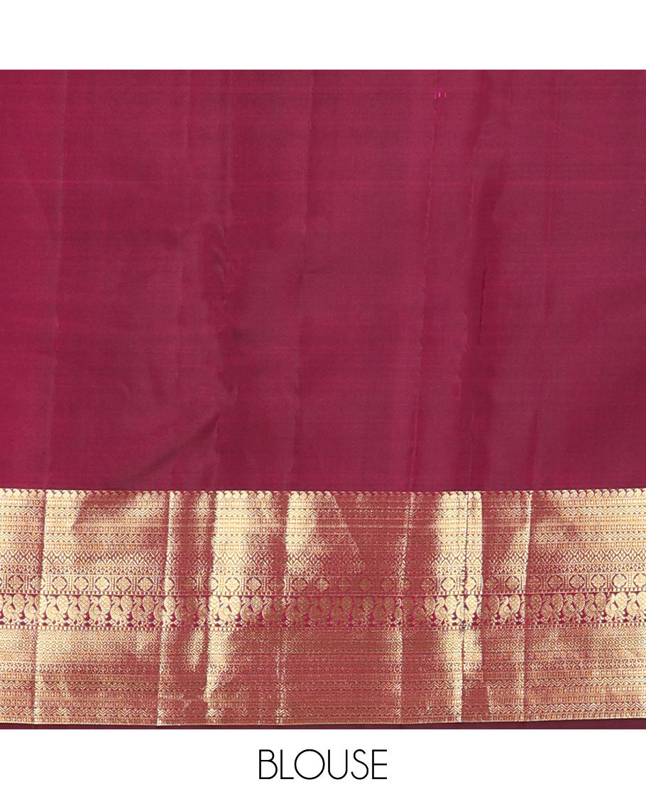Red rangkat jacquard Kanchipuram wedding silk saree, zari border of manga, rettai neli, kuyil kann, laddu kamalam, mayil, diamond, and cross neli, and kamalam steeped pallu