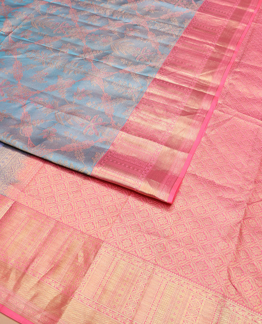 Blue jacquard Kanchipuram wedding silk saree, contrast border of thilakam, banaras, neli, kathir, mayil kann, and diamond designs, and jaal pallu