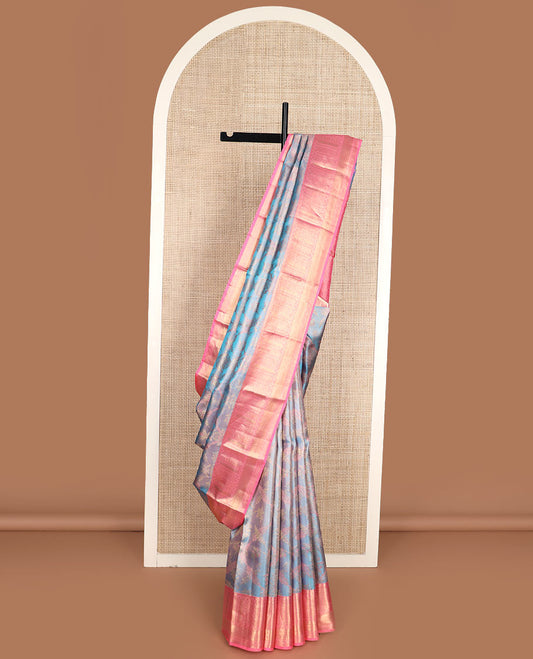 Blue jacquard Kanchipuram wedding silk saree, contrast border of thilakam, banaras, neli, kathir, mayil kann, and diamond designs, and jaal pallu