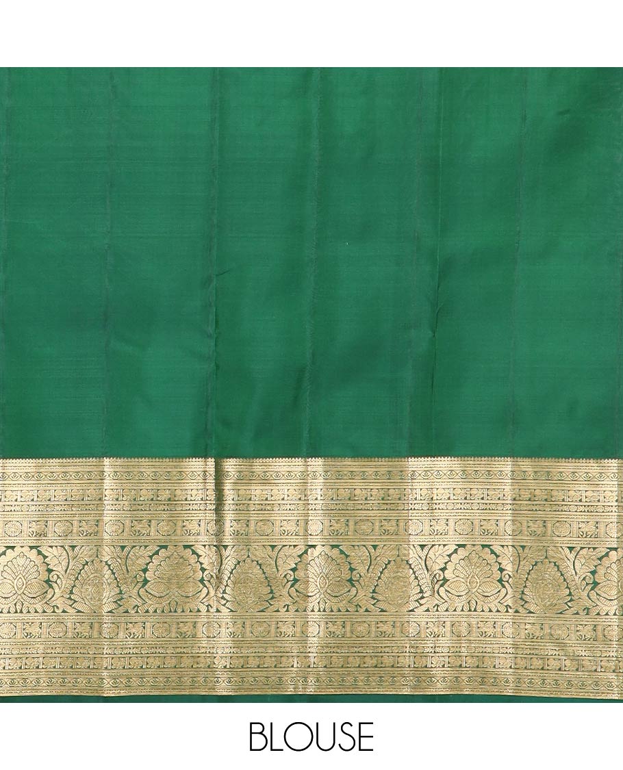 Green jacquard Kanchipuram wedding silk saree, contrast border of thilakam, banaras, neli, mayil, kuthirai, chakram, and zari designs, and geometric patterned pallu